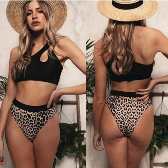 New One Shoulder Leopard Bandeau Top High Waist High Cut Leg Bikini Set Swimsuit - Picture 1 of 9